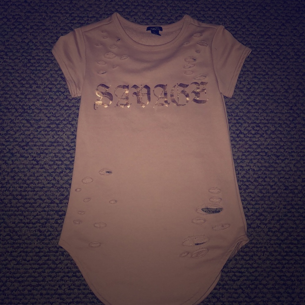 Rose gold pre ripped shirt with gold writing!